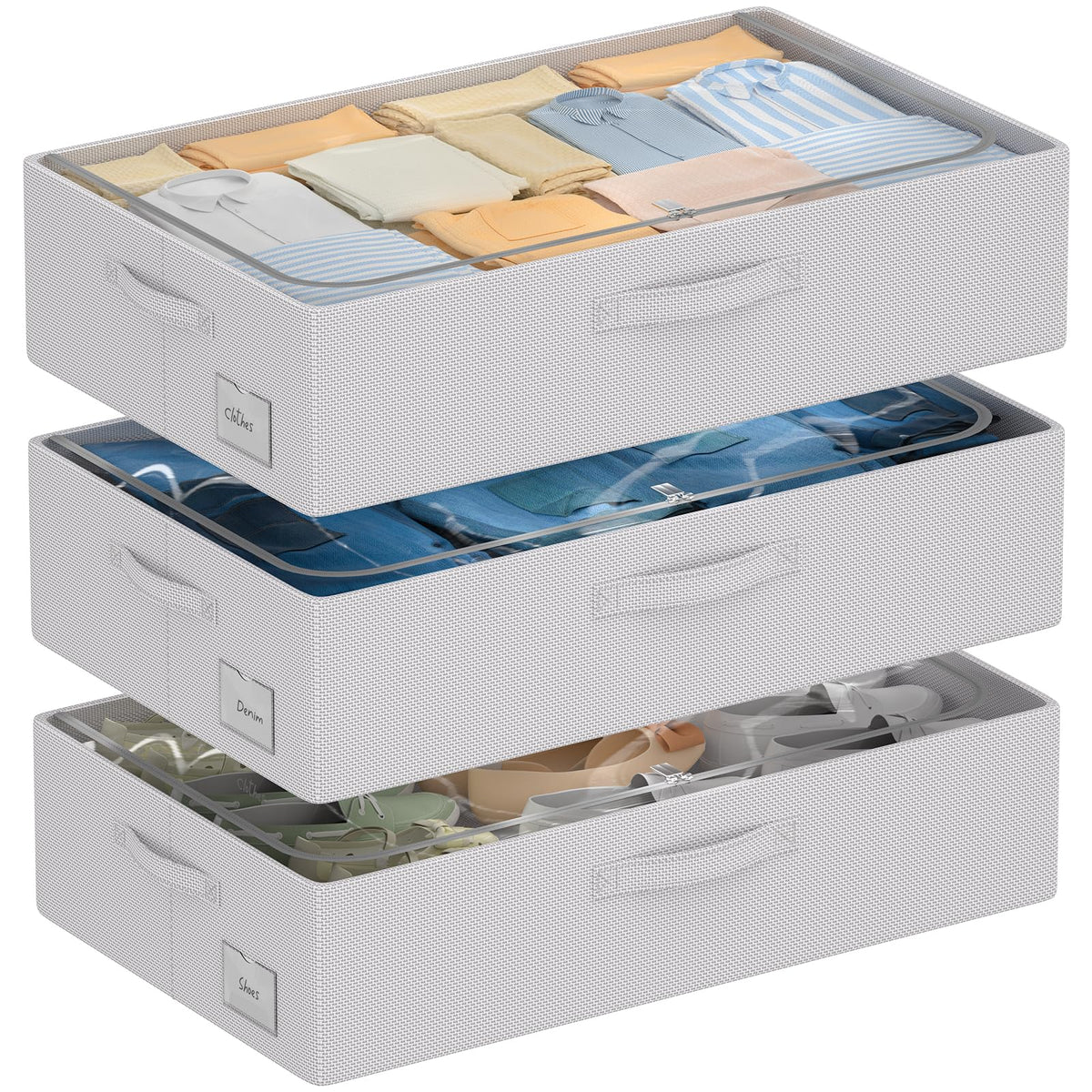 CYhom 3Pcs Under Bed Storage Bins with Metal Frame - Shoe Organizer for Closet with Clear Cover Oxford Fabric Sturdy Underbed Container Foldable Stackable Clothes Organizer (Beige, 23.5x11.8x6.3)