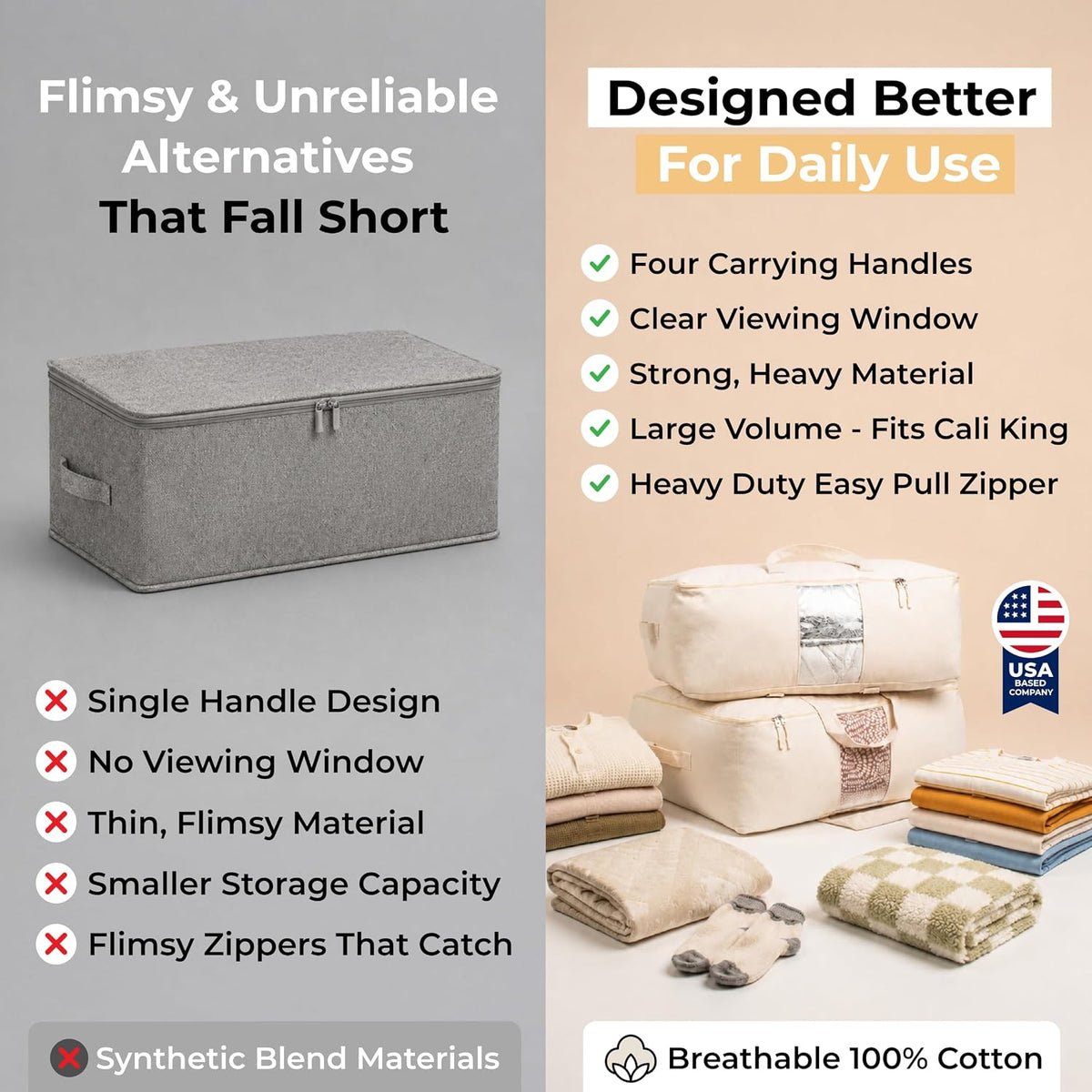 Soft Canvas Storage Bags with Zipper. Thick Breathable, 2pc King/Queen Comforter Organizer. Four Carrying Handles and Window. Large 25x19x9in Bag for Sheets Blankets Bedding Pillows, Clothes