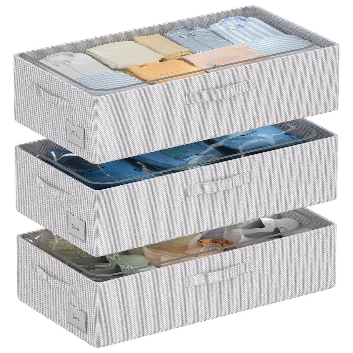CYhom 3Pcs Under Bed Storage Bins with Metal Frame - Shoe Organizer for Closet with Clear Cover Oxford Fabric Sturdy Underbed Container Foldable Stackable Clothes Organizer (Beige, 23.5x11.8x6.3)