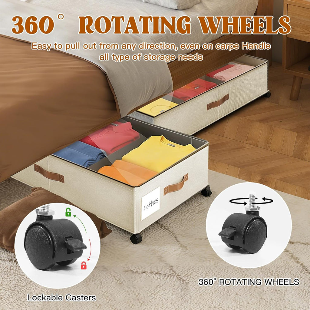 Under Bed Storage with Wheels, Rolling Storage Containers with Clear Lid and Handles for Clothes, Shoes, Blankets, Pillows, Toys, Books, Bags (60L, 30.9 x 16.9 x 6.7in, Beige, 2 Pack)