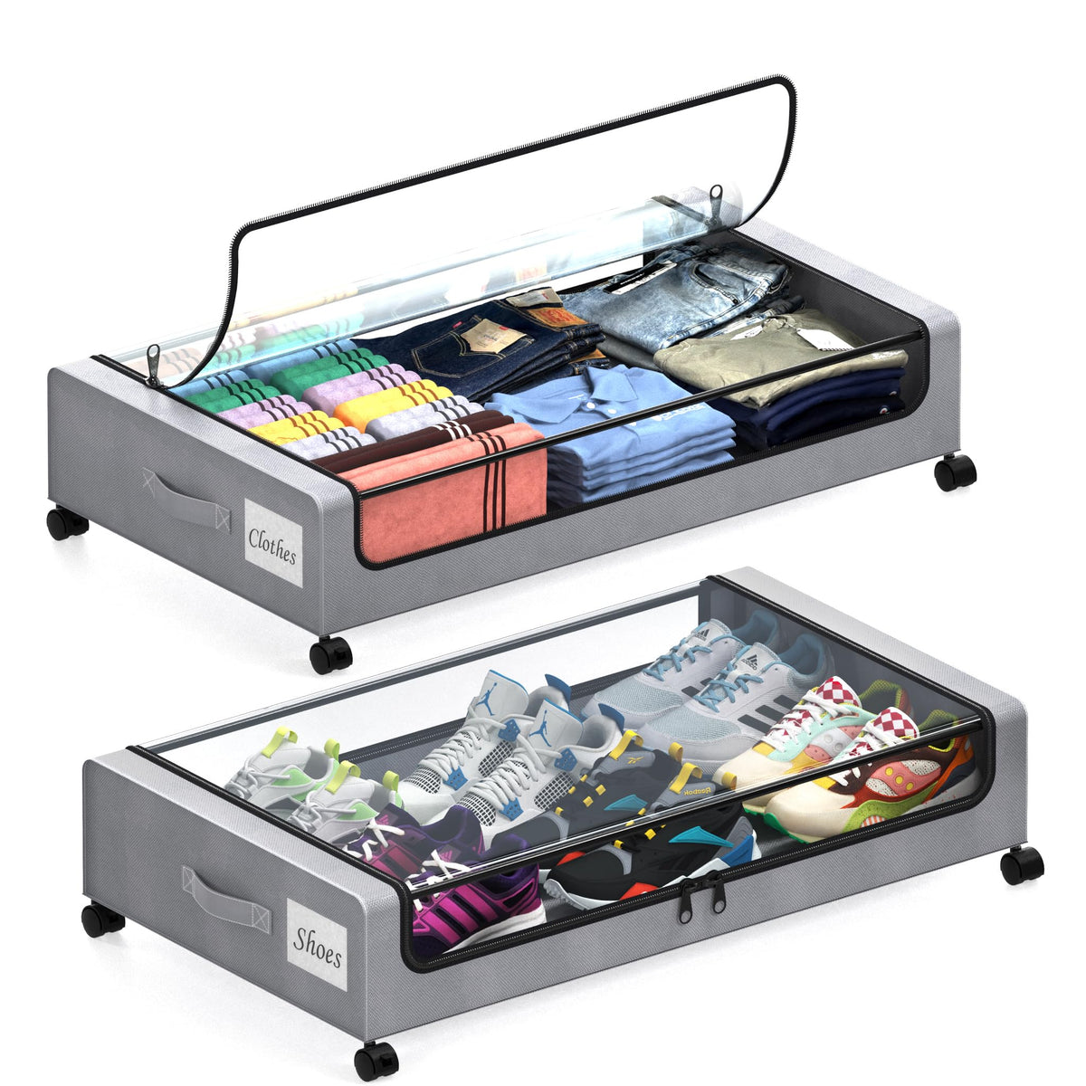 Under Bed Storage with Wheels, 2 Pack Under Bed Storage Containers with Clear Lids, XXL 65L Under Bed Storage Organizer, Rolling Under Bed Metal Drawer for Blanket, Clothes, Shoes (31 x 17 x 6.69 in)
