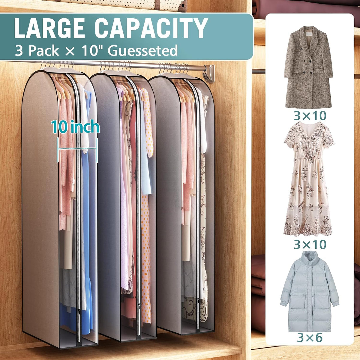 Liuoud 10" Gusseted Garment Bags for Hanging Clothes, 60", 3 Pack