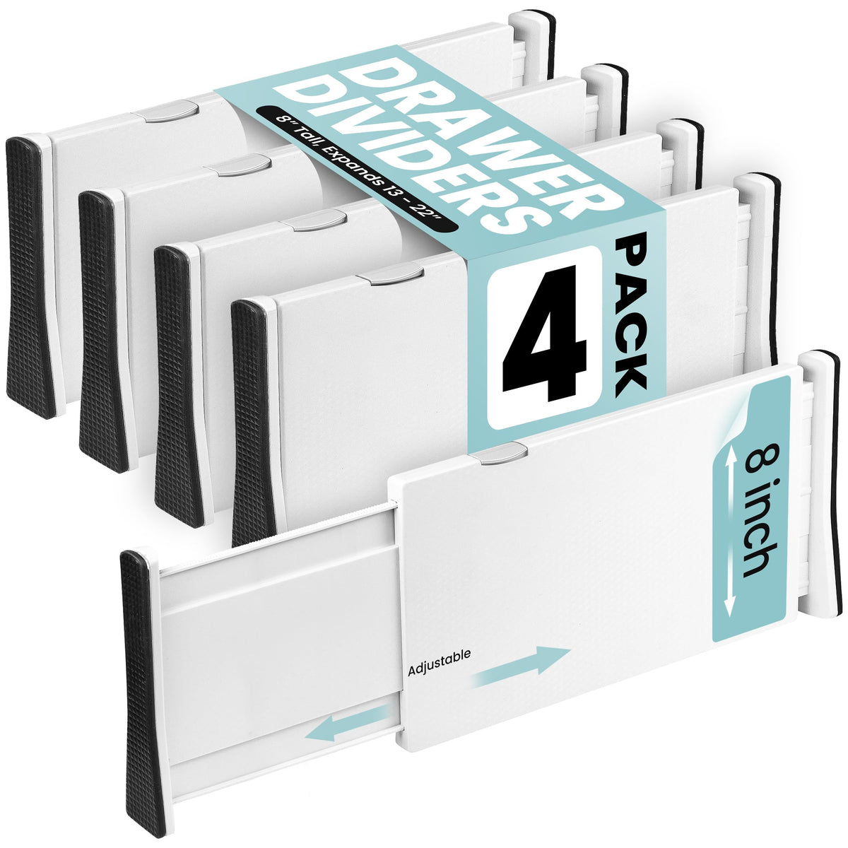 RAPTUROUS White Expandable Drawer Dividers (6" Tall, 13"-22" Long, 4 Pack - White)