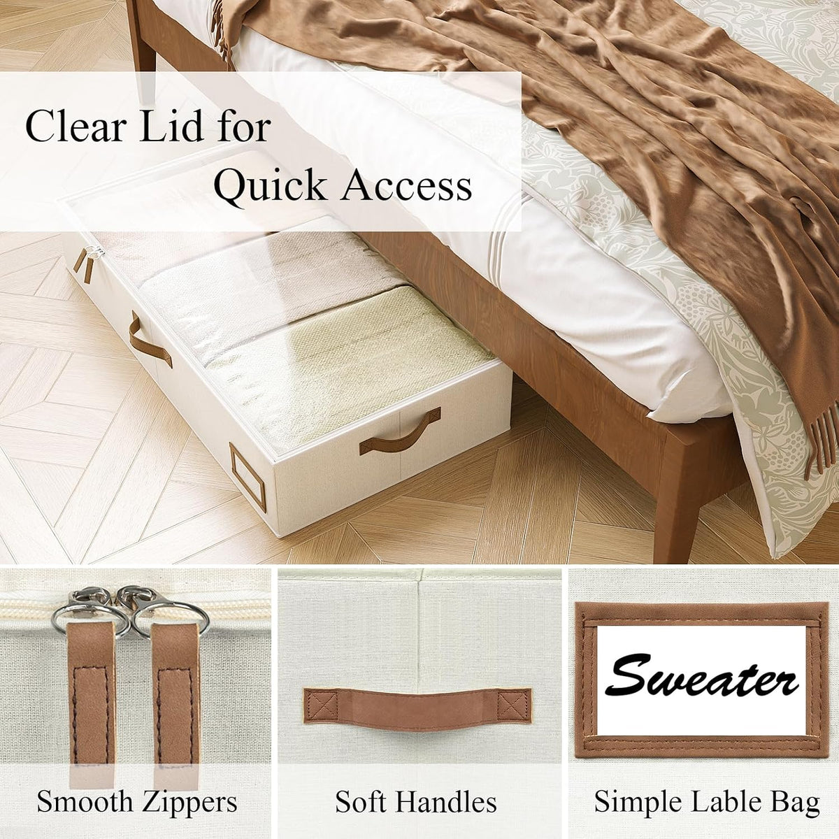 Under Bed Storage, Under Bed Storage Containers Bins for Clothes, Large Linen Underbed Closet Organization Bins, 2 Pack Collapsible Underbed Bin Dorm for Clothes, Sweater, Beige