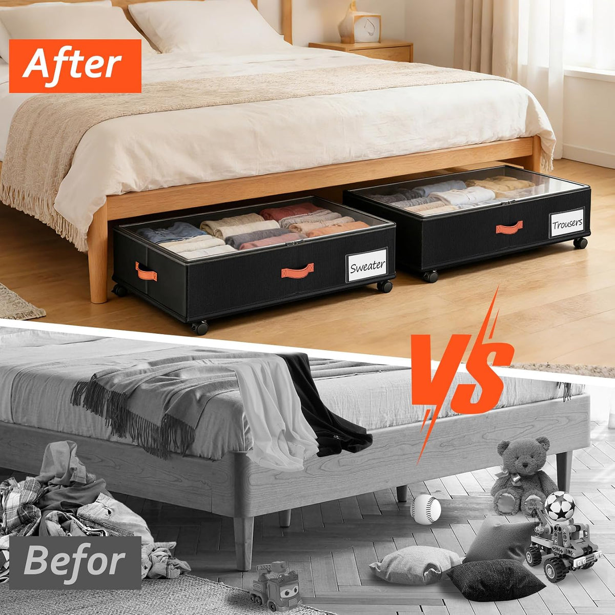66L 2-Pack ,Under Bed Storage with Wheels , 30" L x 16" W x 7.5" H