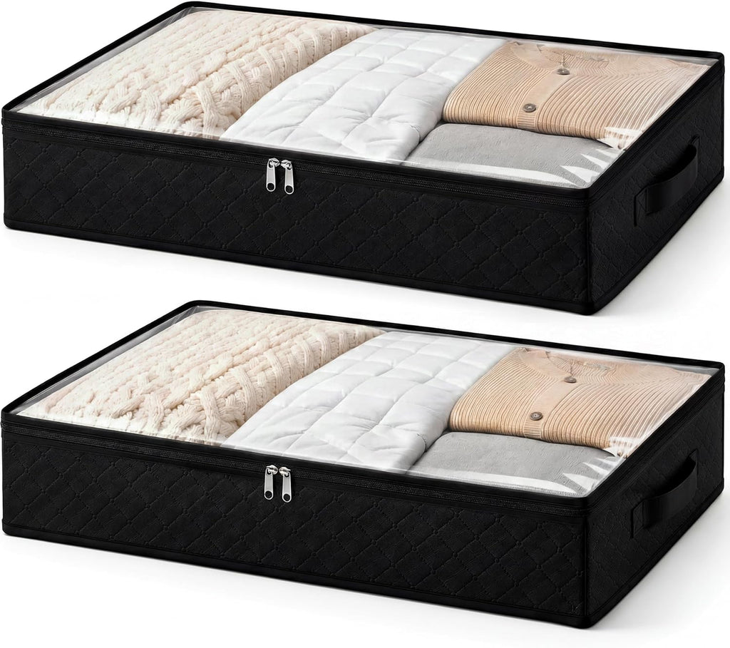 Fixwal Black Underbed Storage Bags with Clear Window and 2 Reinforced Handles Under Bed Storage Containers for Clothing, Bedding, Comforter (2 Pack)