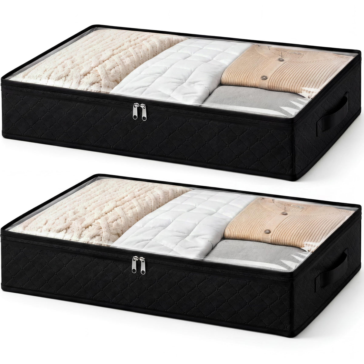 Fixwal Black Underbed Storage Bags with Clear Window and 2 Reinforced Handles Under Bed Storage Containers for Clothing, Bedding, Comforter (2 Pack)
