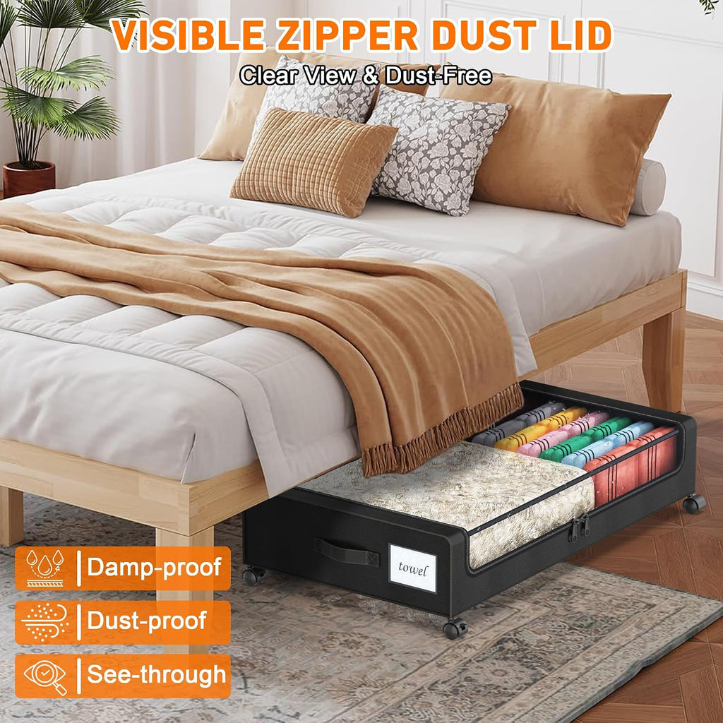 Under Bed Storage with Wheels, 2 Pack Under Bed Storage Containers with Clear Lids, XXL 65L Under Bed Storage Organizer, Rolling Under Bed Metal Drawer for Blanket, Clothes, Shoes (31 x 17 x 6.69 in)