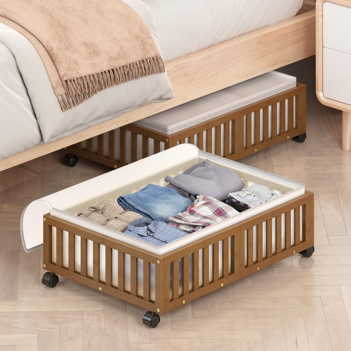 2 Pack Large Bamboo Under Bed Storage Containers with Wheels, Nature