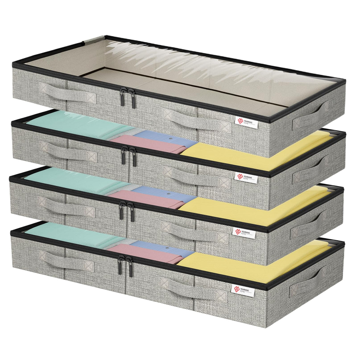4.5 Inches Under Bed Storage Containers with Sturdy Sidewalls/Bottom and Reinforced Handles，Low Profile Underbed Storage for Clothes,Shoes,Pillows and Blankets with Zips and Clear Windows,4 Pack