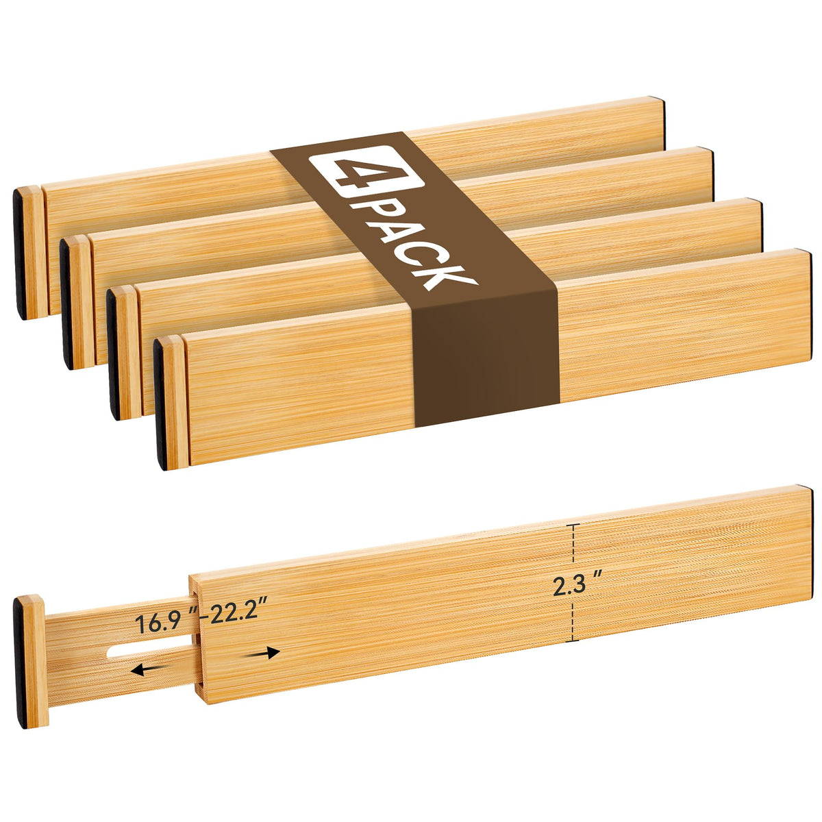 Adjustable Bamboo Drawer Dividers of 8, Expandable Organizers (16.9"-22.2")