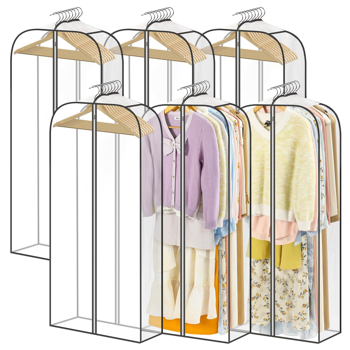 LANDNEOO 6 Pack Clear Garment Bags for Hanging Clothes with Zippers on Double Sides - 10'' Clothes Storage for Coat, Dress, and Fur in Closet - 40'' Long Suit Bags