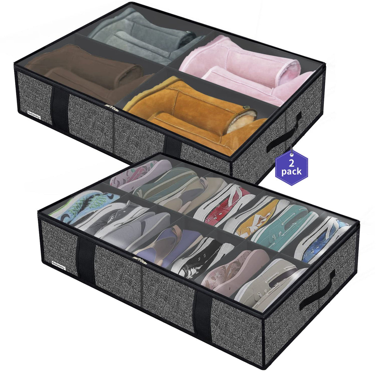Onlyeasy Sturdy Under Bed Shoe Storage Organizer, Set of 2, Fit 12 to 24 Pairs, Underbed Shoes Closet Storage Solution with Clear Window, Breathable, L29.3 x W23.6 x H5.9, Linen-like Black, MXAUBSB2P