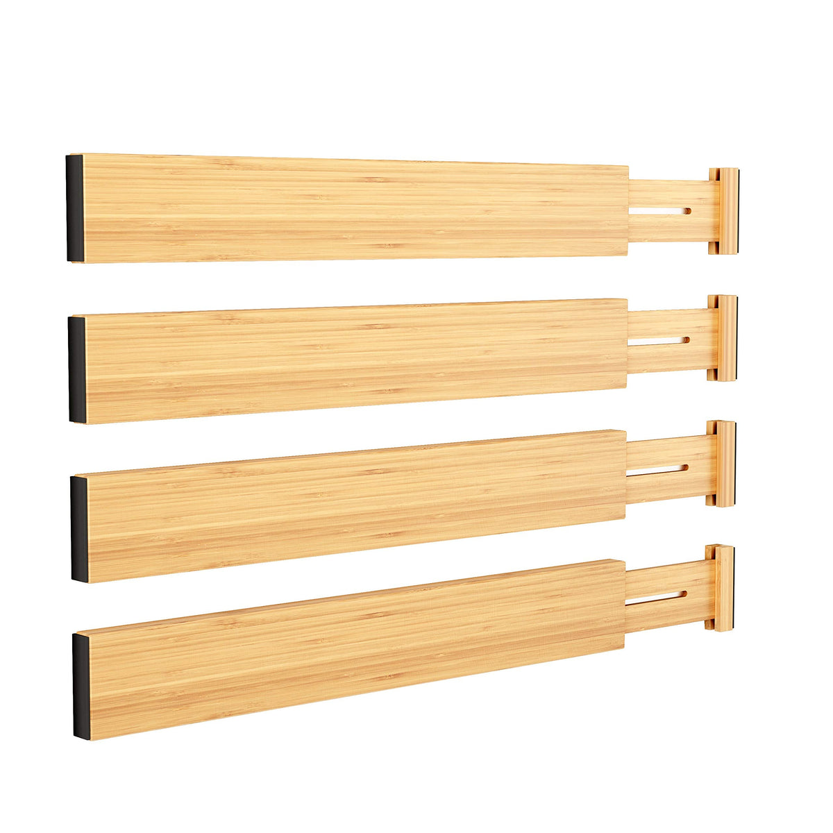 BAMEOS Bamboo Expandable Drawer Dividers – Fits 16.6"–22" Drawers, 2" High, Set of 4 | Spring-Loaded Bamboo Separator for Kitchen Island, Bathroom Vanity & Dresser Drawers