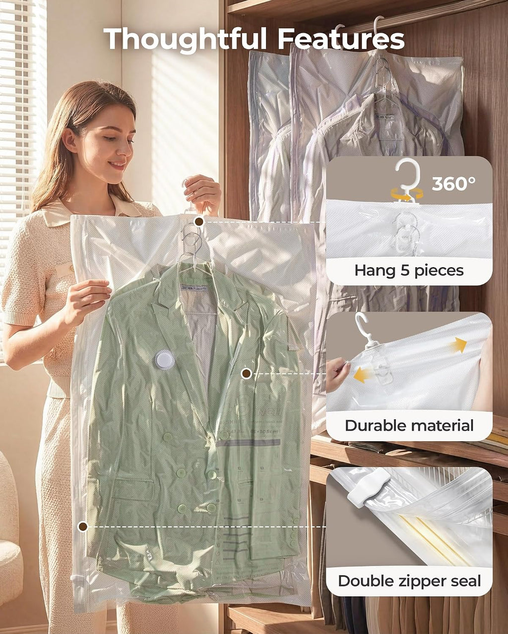 BAGSMART Hanging Vacuum Storage Bags For Clothes, Hand Pump Included