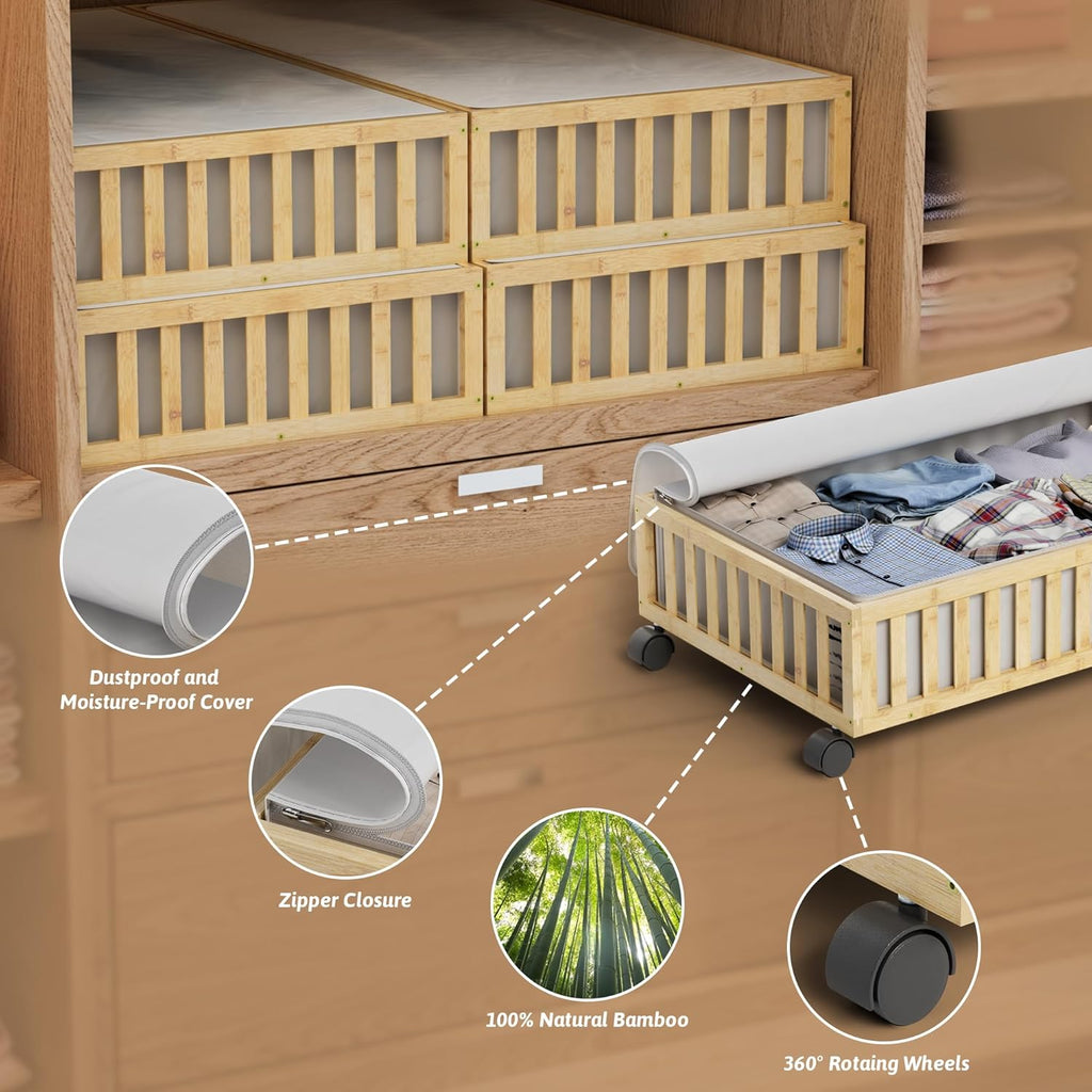 2 Pack Large Bamboo Under Bed Storage Containers with Wheels, Nature
