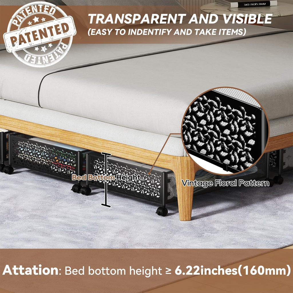 PHINOX Under Bed Storage Container with wheels,Patterned,Metal,2 Pack,Black