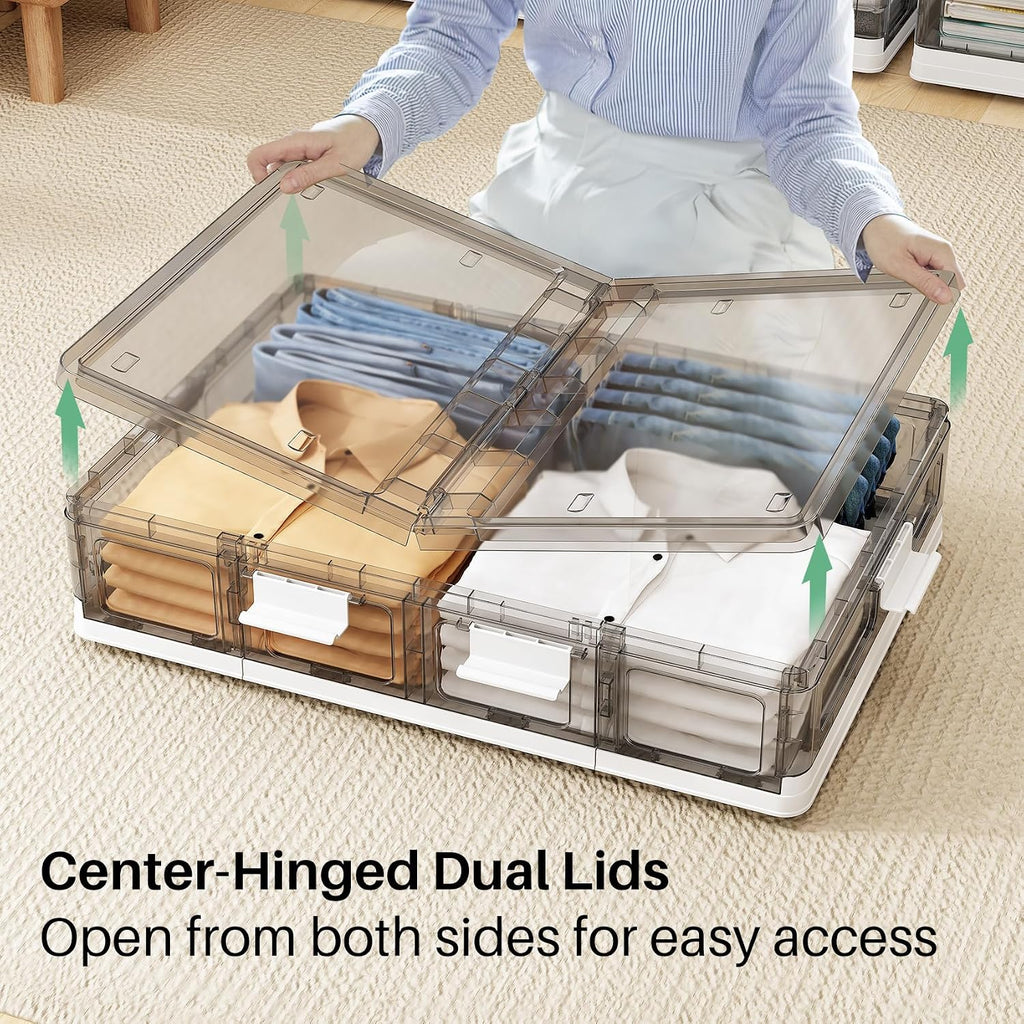 Kitstorack Clear Plastic Under Bed Storage Containers Bins with Lids and 8 Pre-installed Wheels,37.8 Qt, Rolling Foldable Flat Under Bed Organizer Boxes for Clothes Shoes Clothing Bedroom