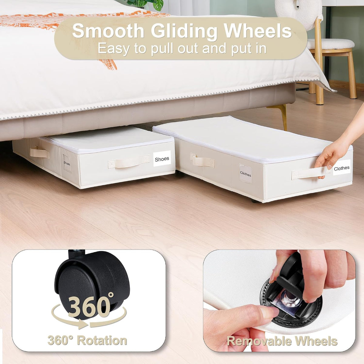 Vincona Under Bed Storage with Wheels, 2 Pack Under Bed Storage Containers with Label Holders for Clothes, Shoes and Blankets, Rolling Underbed Shoe Organizer with Cover, Beige (30.71x15.7x7.28 in)
