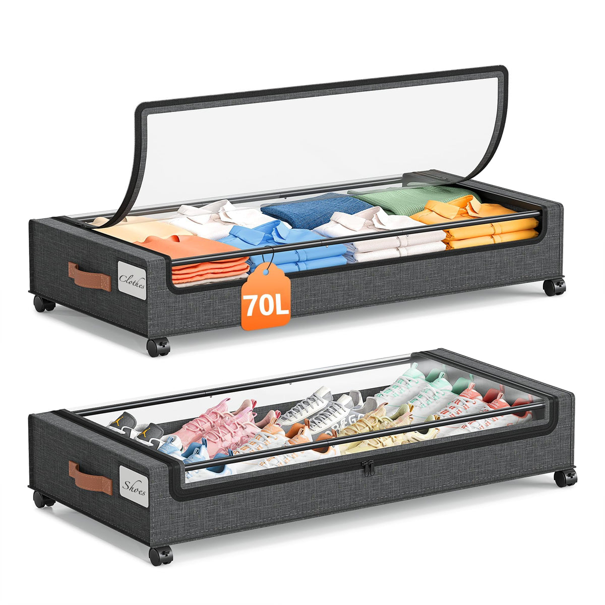Yecaye Under Bed Storage with Wheels, 2Pack Under Bed Storage Containers, Underbed Shoe Storage Organizer, Rolling Under Bed Metal Drawers for Clothes, Blankets(30.71 x 16.93 x 6.69 in)