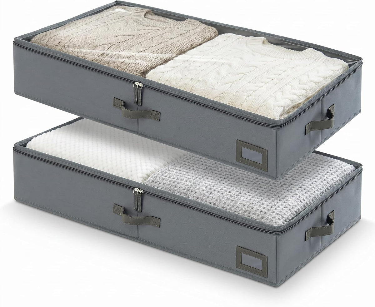 6" Versatile Under Bed Storage Bins (2-Pack, Charcoal Grey), Sturdy 600D Oxford Fabric Clothes Organizer Containers with Matching Vegan Leather Handles for Sweaters, Linens & Bedding