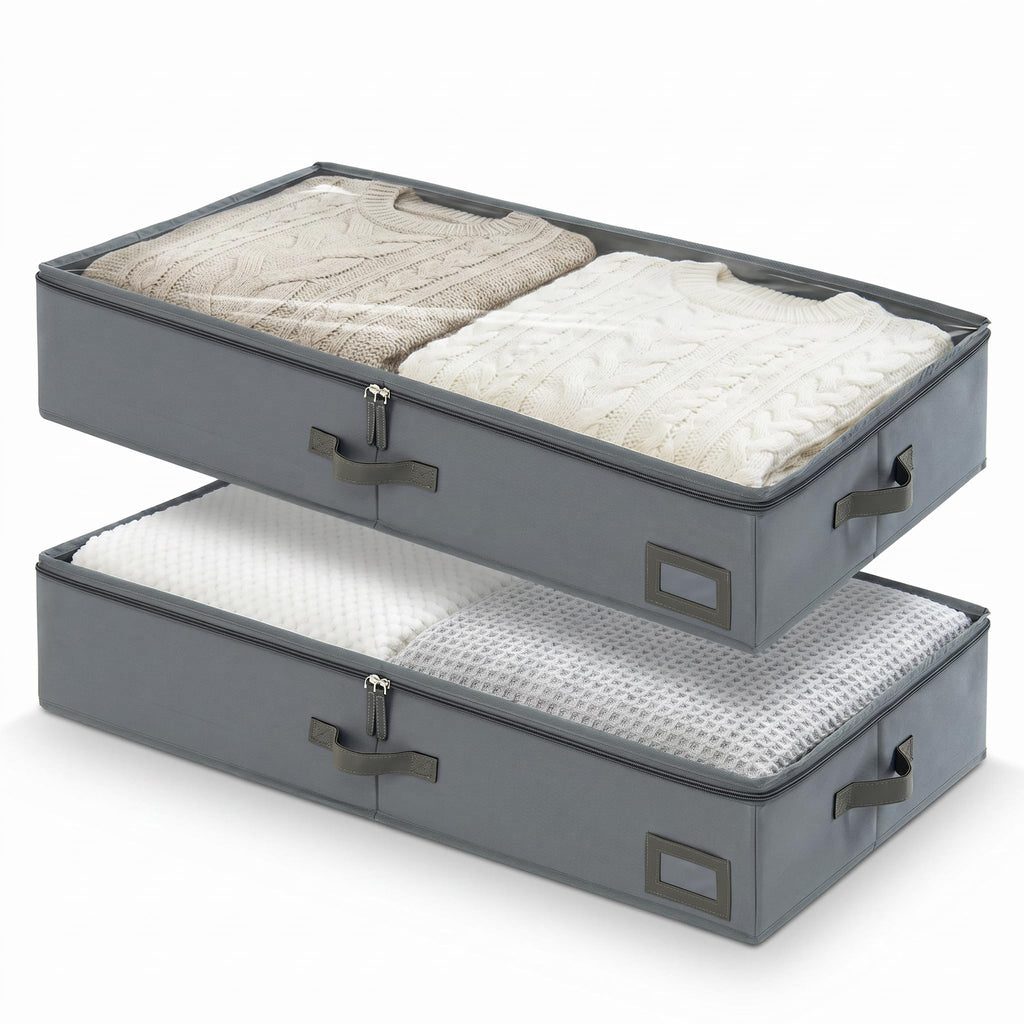 6" Versatile Under Bed Storage Bins (2-Pack, Charcoal Grey), Sturdy 600D Oxford Fabric Clothes Organizer Containers with Matching Vegan Leather Handles for Sweaters, Linens & Bedding