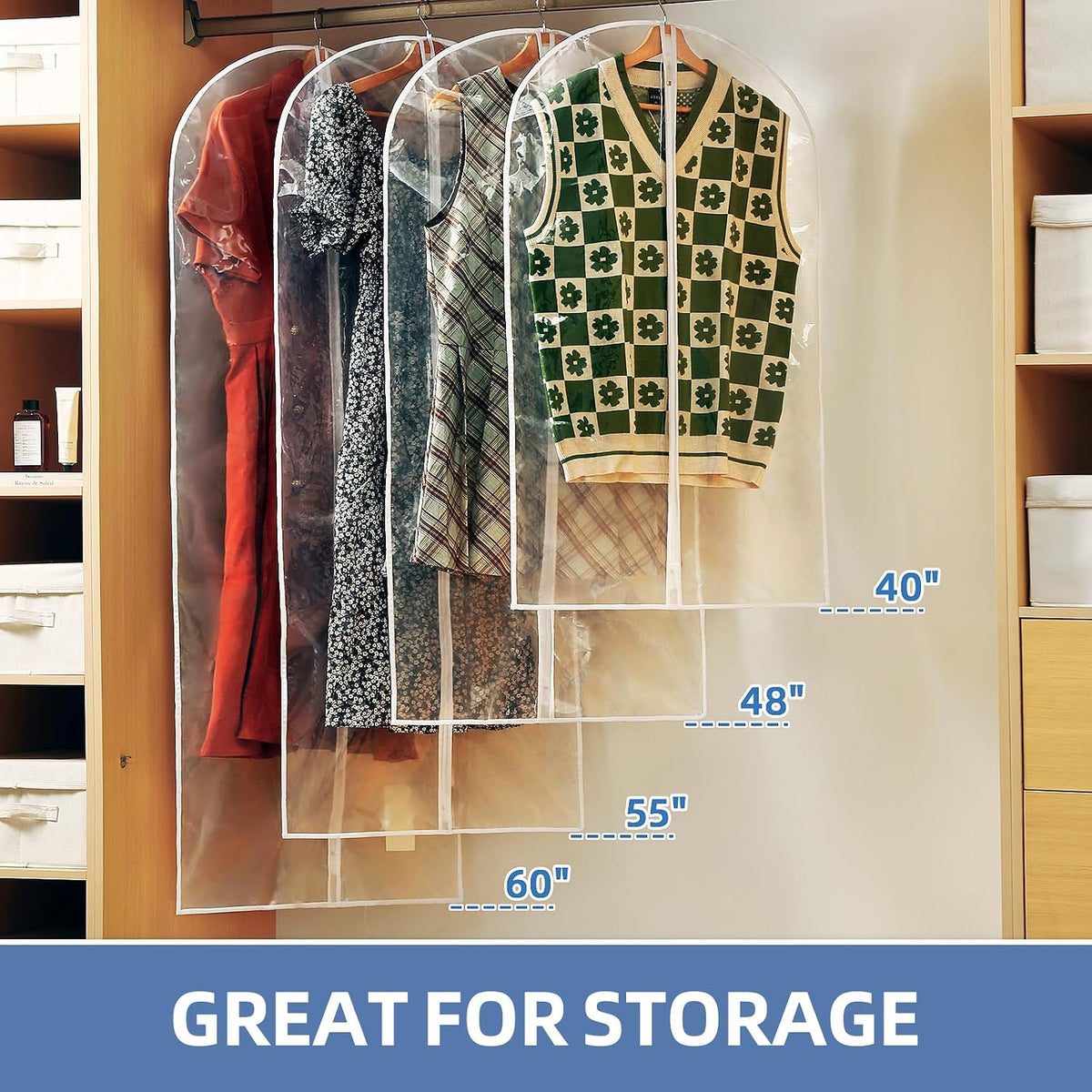 40" All Clear Garment Bags for Hanging Clothes, 12 Packs Suit Bags for Closet Storage, Plastic Waterproof Suit Cover Bags with Zipper for Coats, Jackets, Shirts (Set of 12)