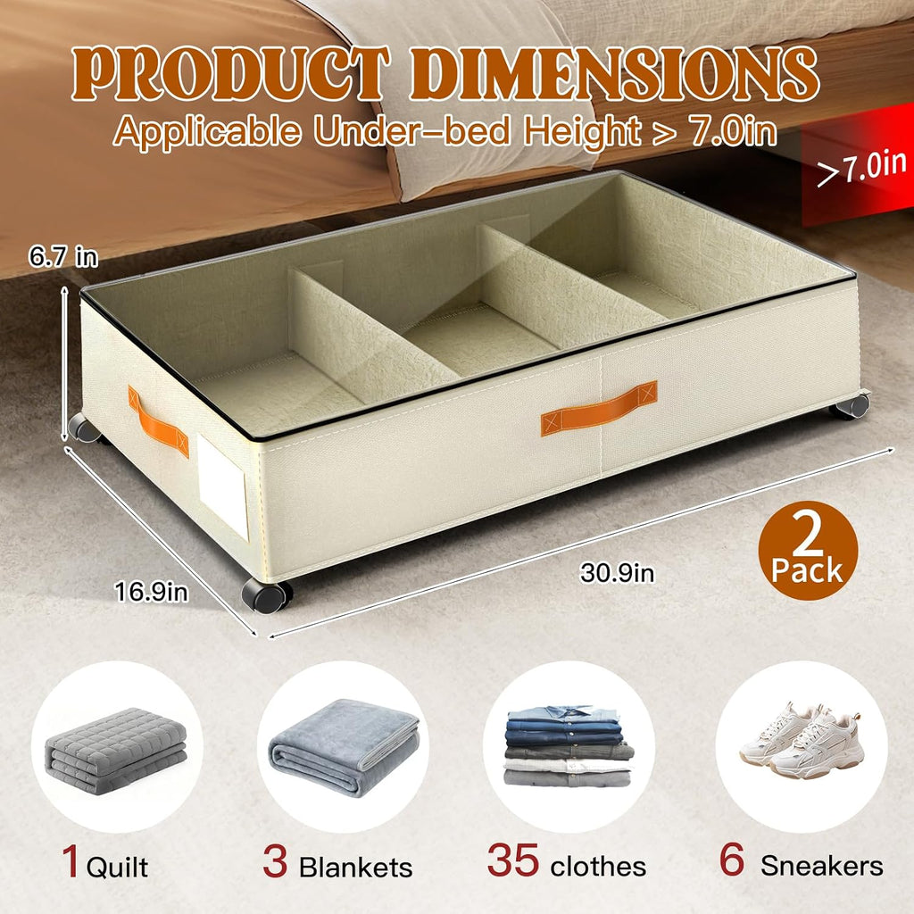 Under Bed Storage with Wheels, Rolling Storage Containers with Clear Lid and Handles for Clothes, Shoes, Blankets, Pillows, Toys, Books, Bags (60L, 30.9 x 16.9 x 6.7in, Beige, 2 Pack)