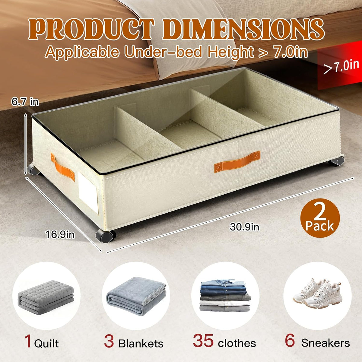 Under Bed Storage with Wheels, Rolling Storage Containers with Clear Lid and Handles for Clothes, Shoes, Blankets, Pillows, Toys, Books, Bags (60L, 30.9 x 16.9 x 6.7in, Beige, 2 Pack)