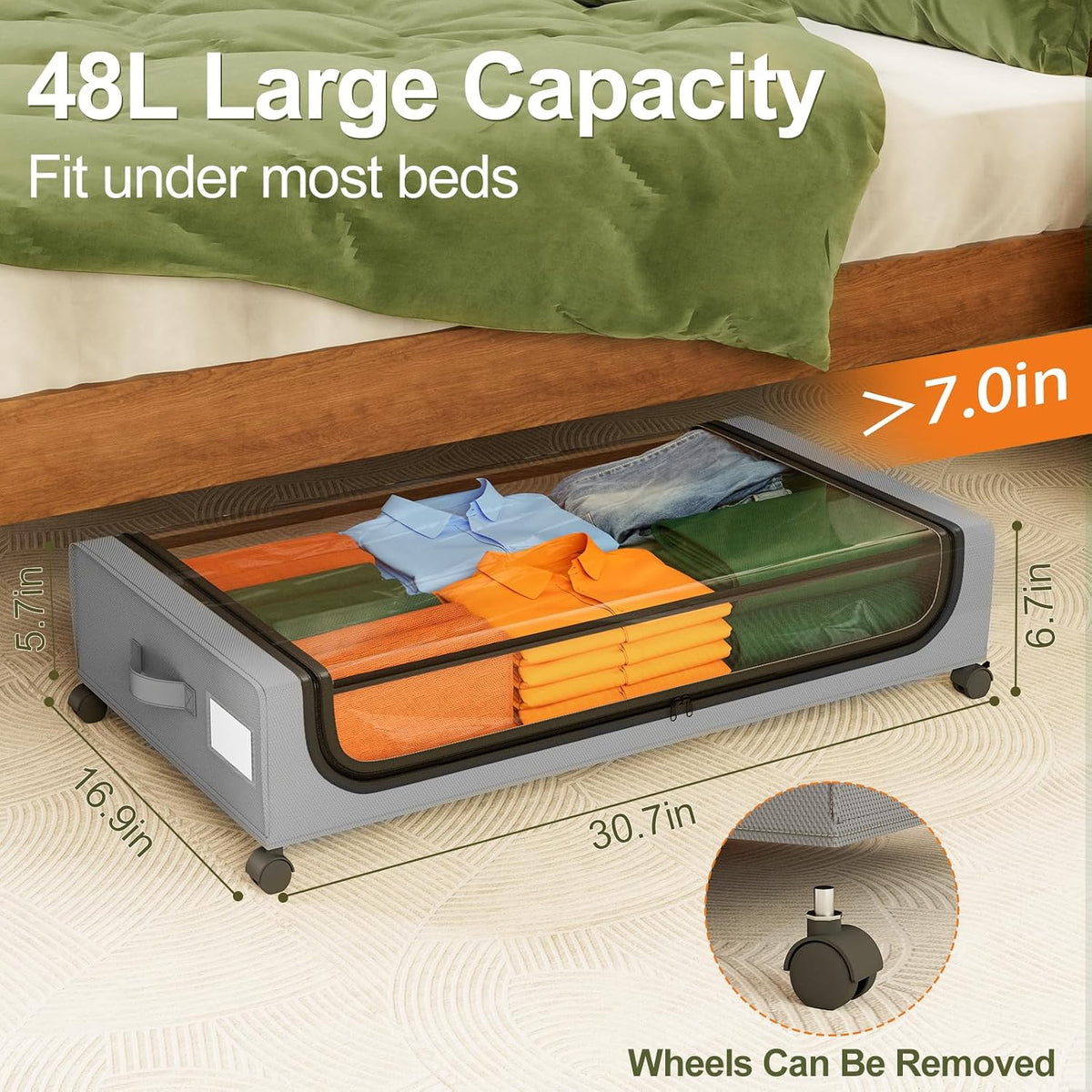 GoMaihe Under Bed Storage with Wheels 48L Grey 2-Pack