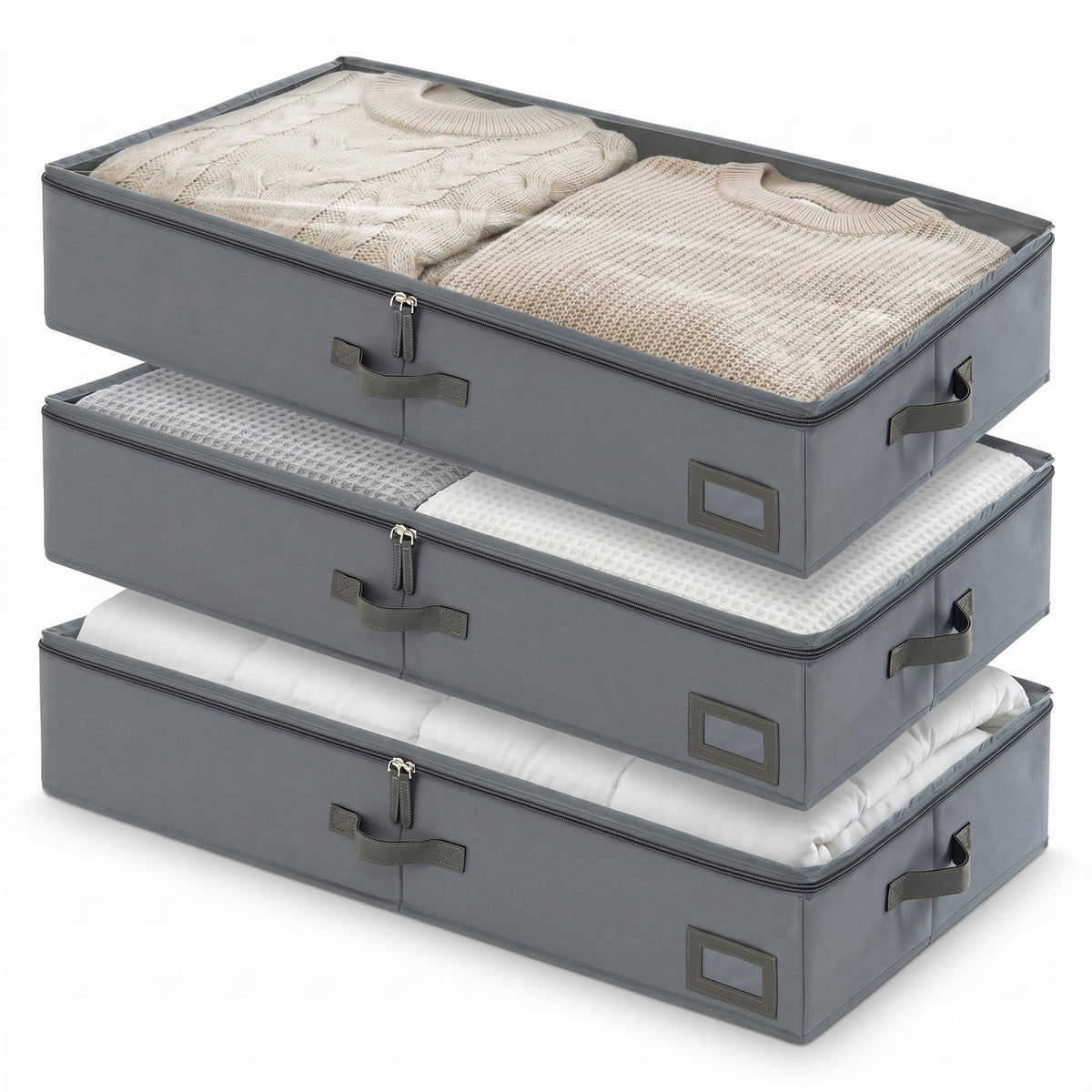 6" Versatile Under Bed Storage Bins (2-Pack, Charcoal Grey), Sturdy 600D Oxford Fabric Clothes Organizer Containers with Matching Vegan Leather Handles for Sweaters, Linens & Bedding
