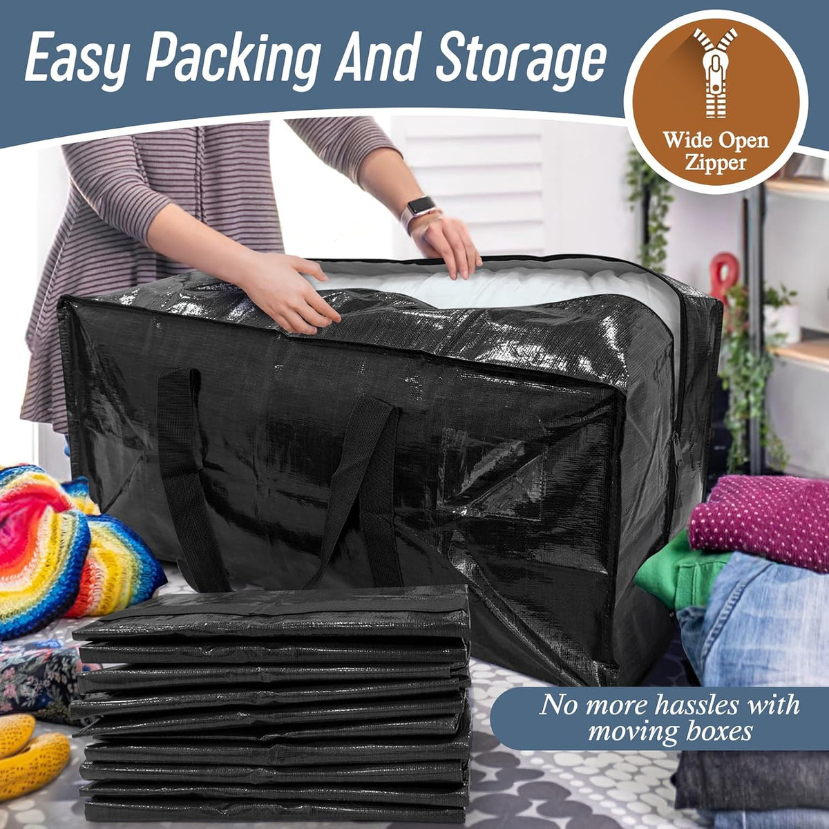 6 Pack Extra Heavy Duty Large Moving Bags with Strong Zipper, Black