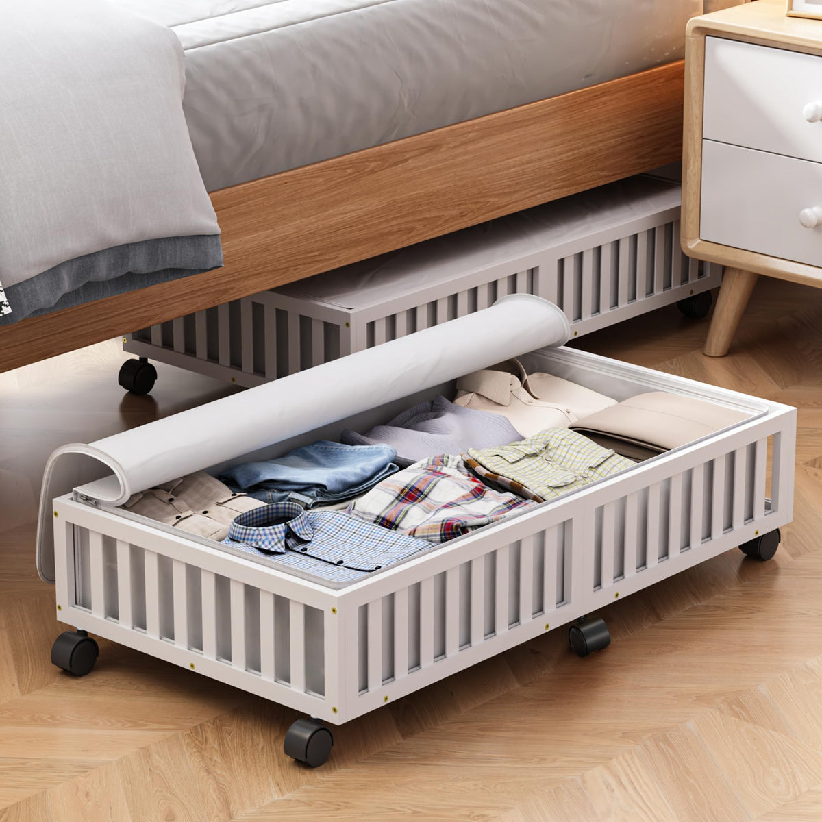2 Pack Large Bamboo Under Bed Storage Containers with Wheels, Nature