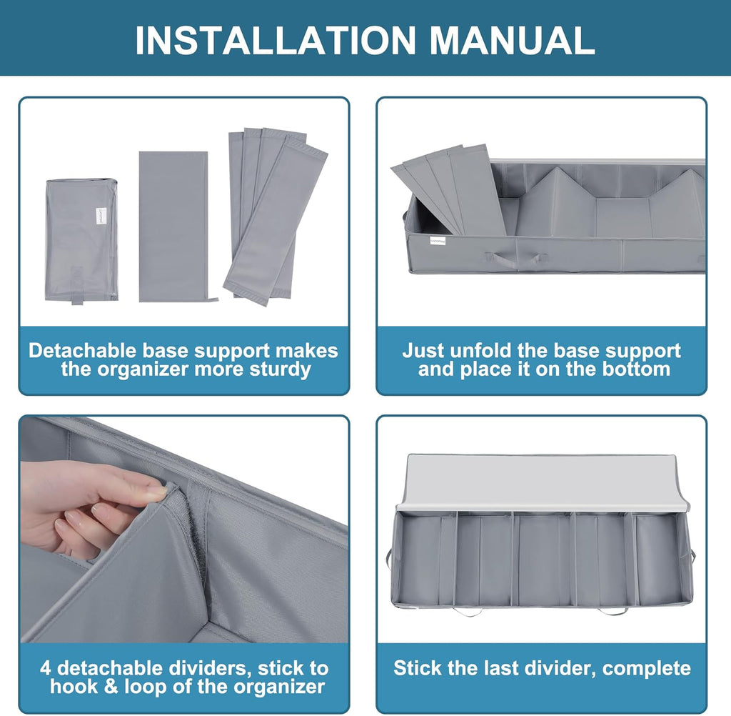 Under Bed Storage Containers, 2 Pack Under the Bed Bags, Clear Underbed Storage Bins with Sturdy | Adjustable Dividers | Sidewalls | Bottom, Closet Organizer for Clothes Sheet Blankets, 47.5x16x6in