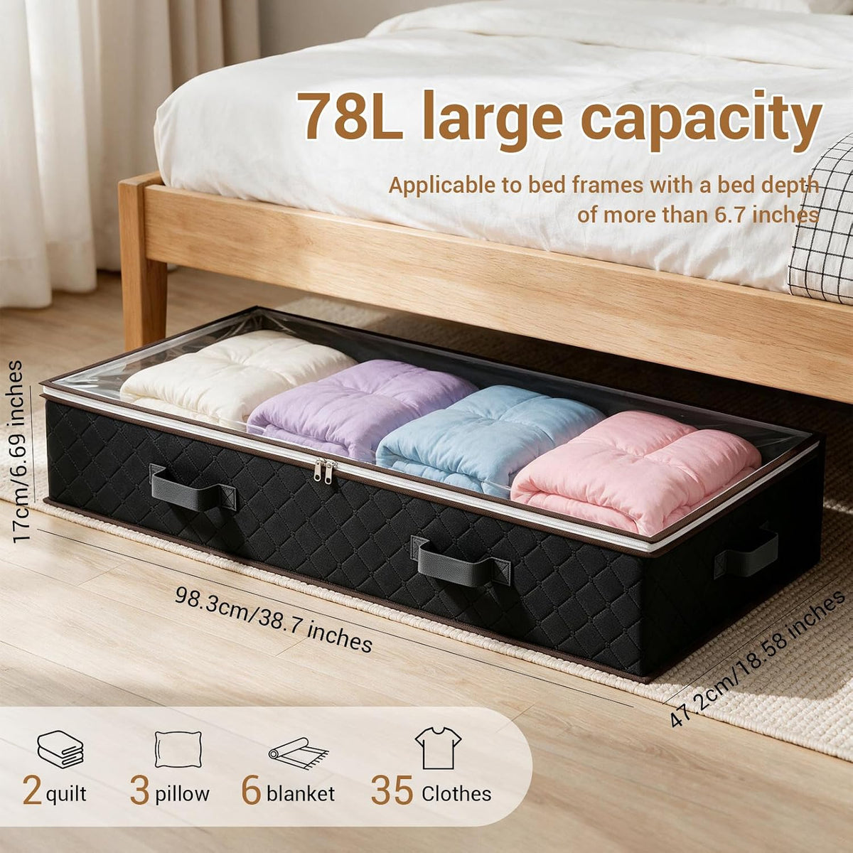 4 Pack Underbed Storage Boxes, Storage Bags with Zipper, Black
