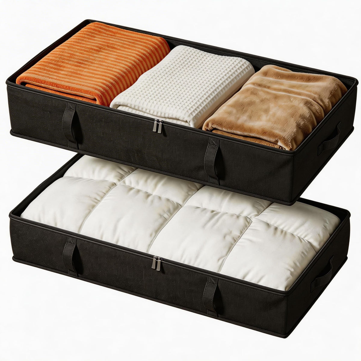 Vailando Side-Supported Under Bed Storage Containers, 6 Inches Tall 60L Underbed Storage Bins with Sturdy Handles and Sidewalls, Closet Organizer for Clothes, Blankets, Seasonal Items, Beige, 2-Pack