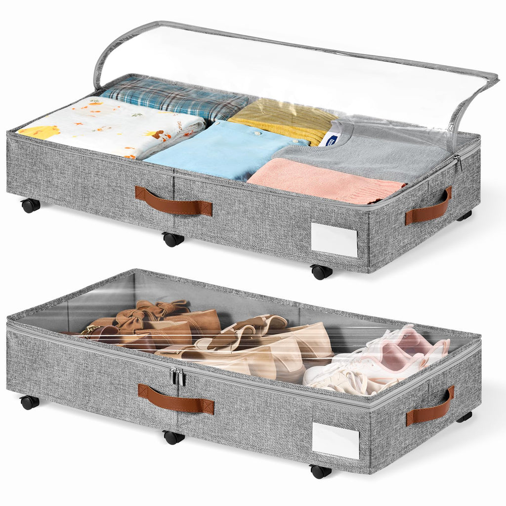 6 Inches Under Bed Storage with Wheels Pack of 2, Underbed Shoe Storage Container Bin with Clear Lid Cover, Rolling Under Bed Drawer Storage Bag Basket for Shoe Organizer Sheet Sweater - White