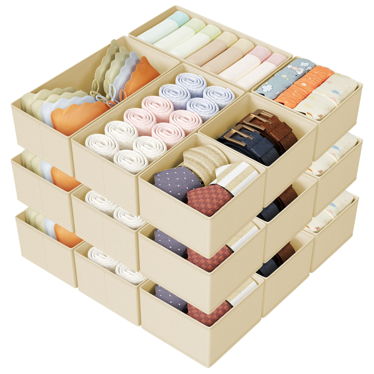DIMJ Drawer Organizers Clothes, Dresser Organizer Bins for Baby Clothes,Underwear and Sock, Fabric Closet Organization and Storage Boxs, Drawer Dividers for Nursery, Clothing, Tie - 4 Pack, Beige