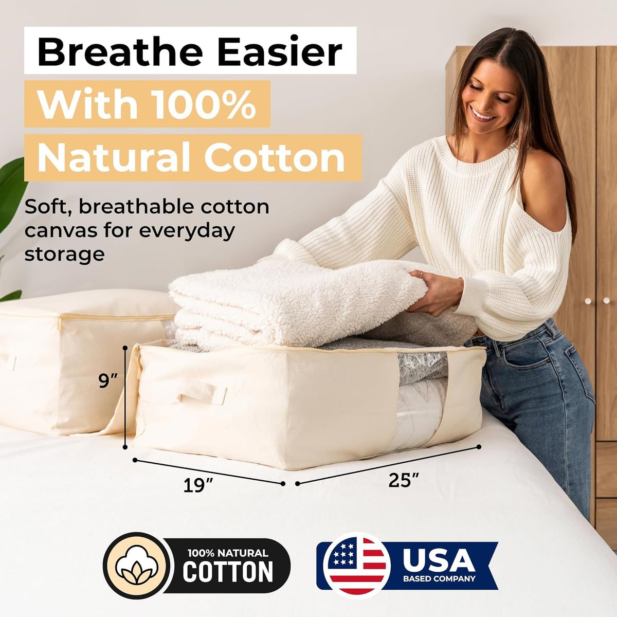 Soft Canvas Storage Bags with Zipper. Thick Breathable, 2pc King/Queen Comforter Organizer. Four Carrying Handles and Window. Large 25x19x9in Bag for Sheets Blankets Bedding Pillows, Clothes