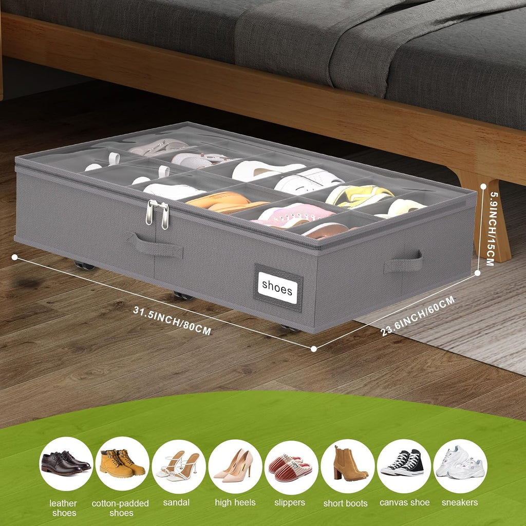 homyfort Under Bed Shoe Storage with Wheels, Fits 24 Pairs, Rolling Shoe Organizer with Bottom Support & Clear Lids, Sturdy Under Bed Storage Box for Shoes, Set of 2, Grey