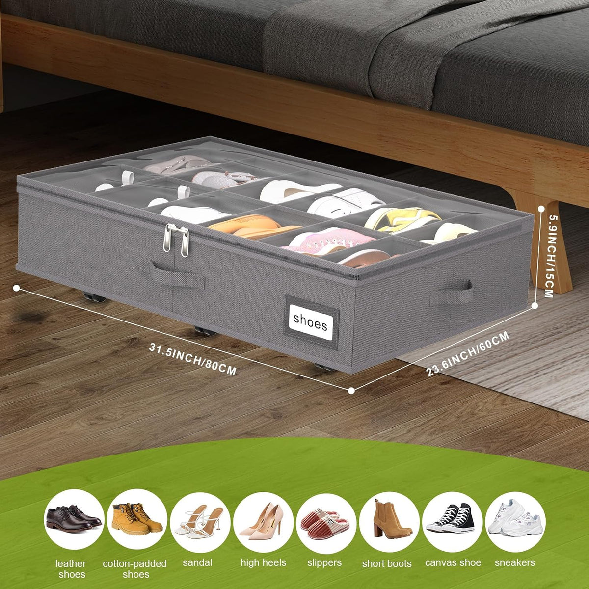 homyfort Under Bed Shoe Storage with Wheels, Fits 24 Pairs, Rolling Shoe Organizer with Bottom Support & Clear Lids, Sturdy Under Bed Storage Box for Shoes, Set of 2, Grey