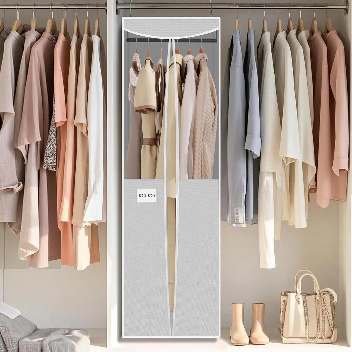 STO STO 2 Pack Garment Bag for Hanging Clothes Closet, Hanging Garment Cover with Built-in Steel Hanging Rod, Hanging Wardrobe Storage Bag for Suit, Dress with Clear Window, Zipper, ID Card, Gray