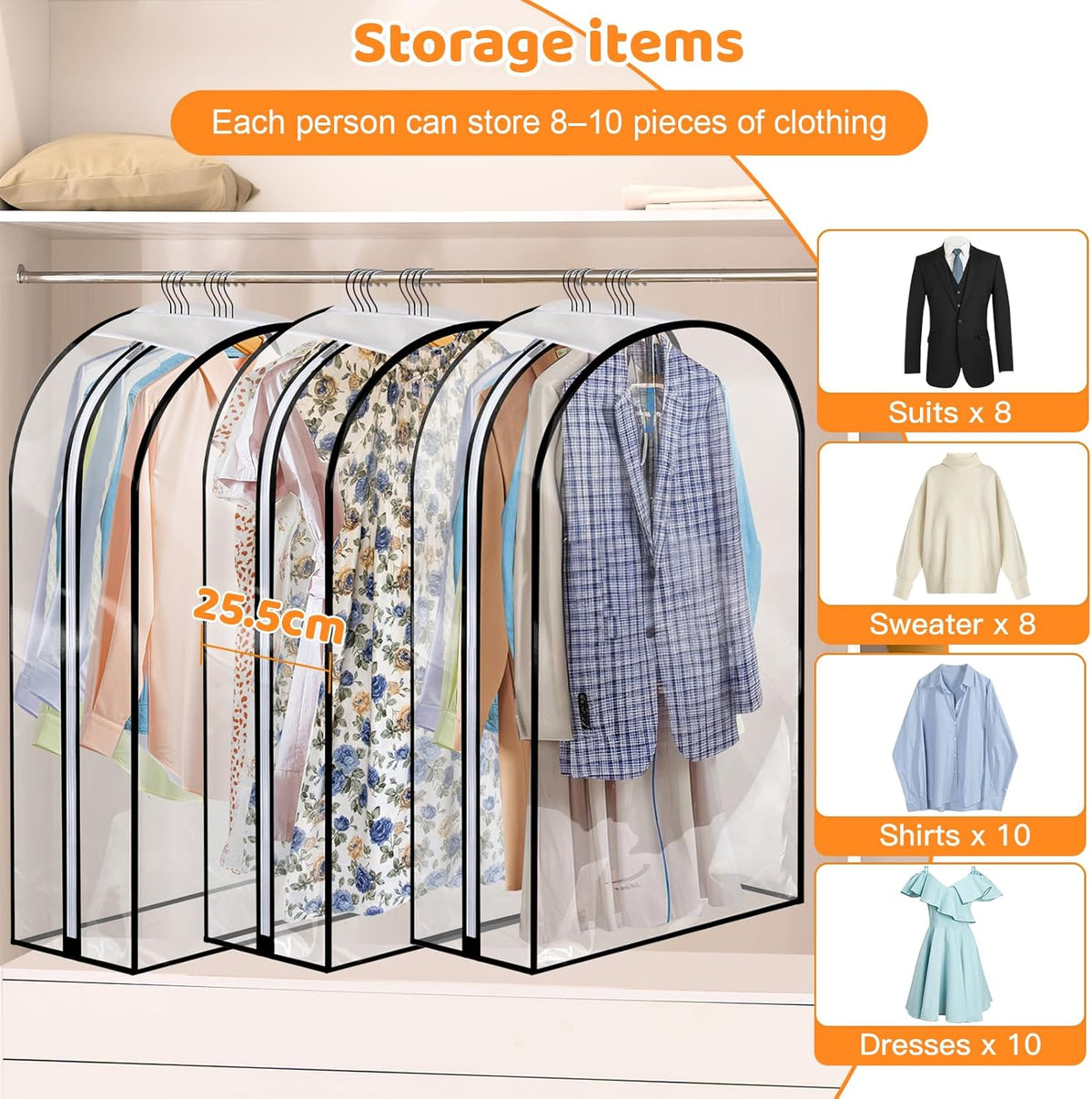 4 Pack Clear Garment Bags, 40" With 10" Gusset, Side Zipper
