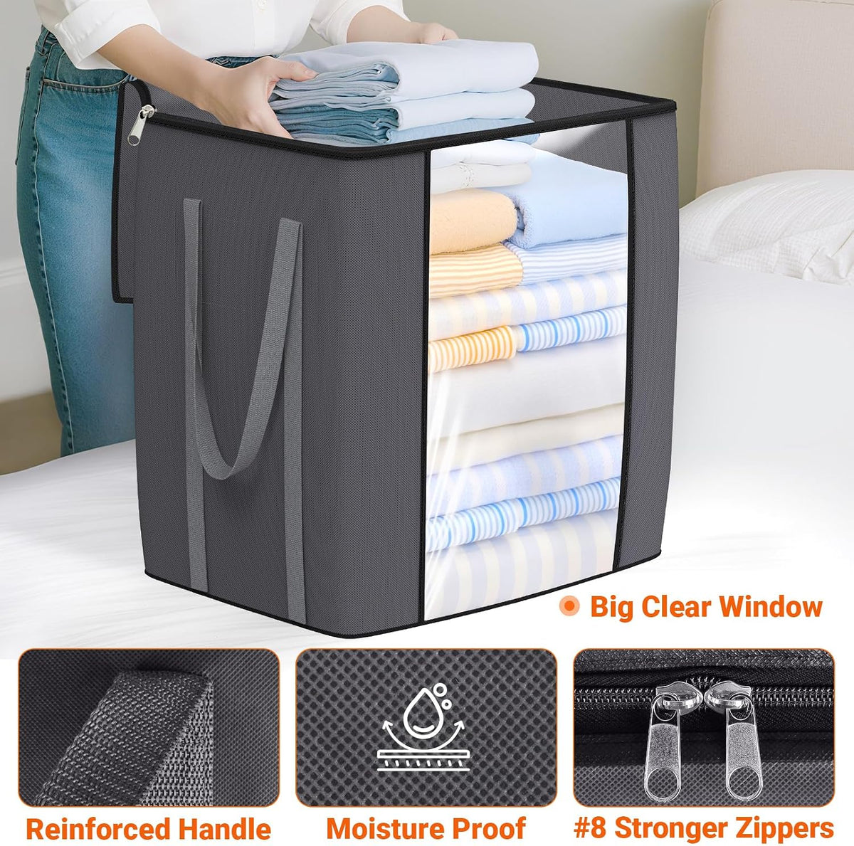 TasticTotes 120L Extra Large Blanket Clothes Storage Bags, Gray, 1 Pack
