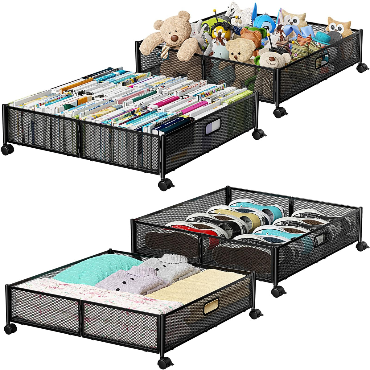PHINOX Under Bed Storage Container with wheels,Patterned,Metal,2 Pack,Black