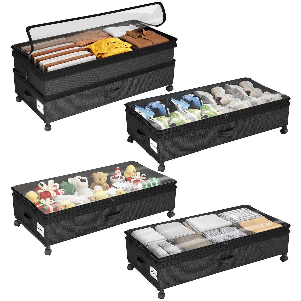 Kitstorack Under Bed Storage with Wheels 2Pack Height-adjustable Under Bed Storage Containers,Under Bed Shoe Storage Organizer with Clear Window&Label, Suitable for Clothes Storage, Gray
