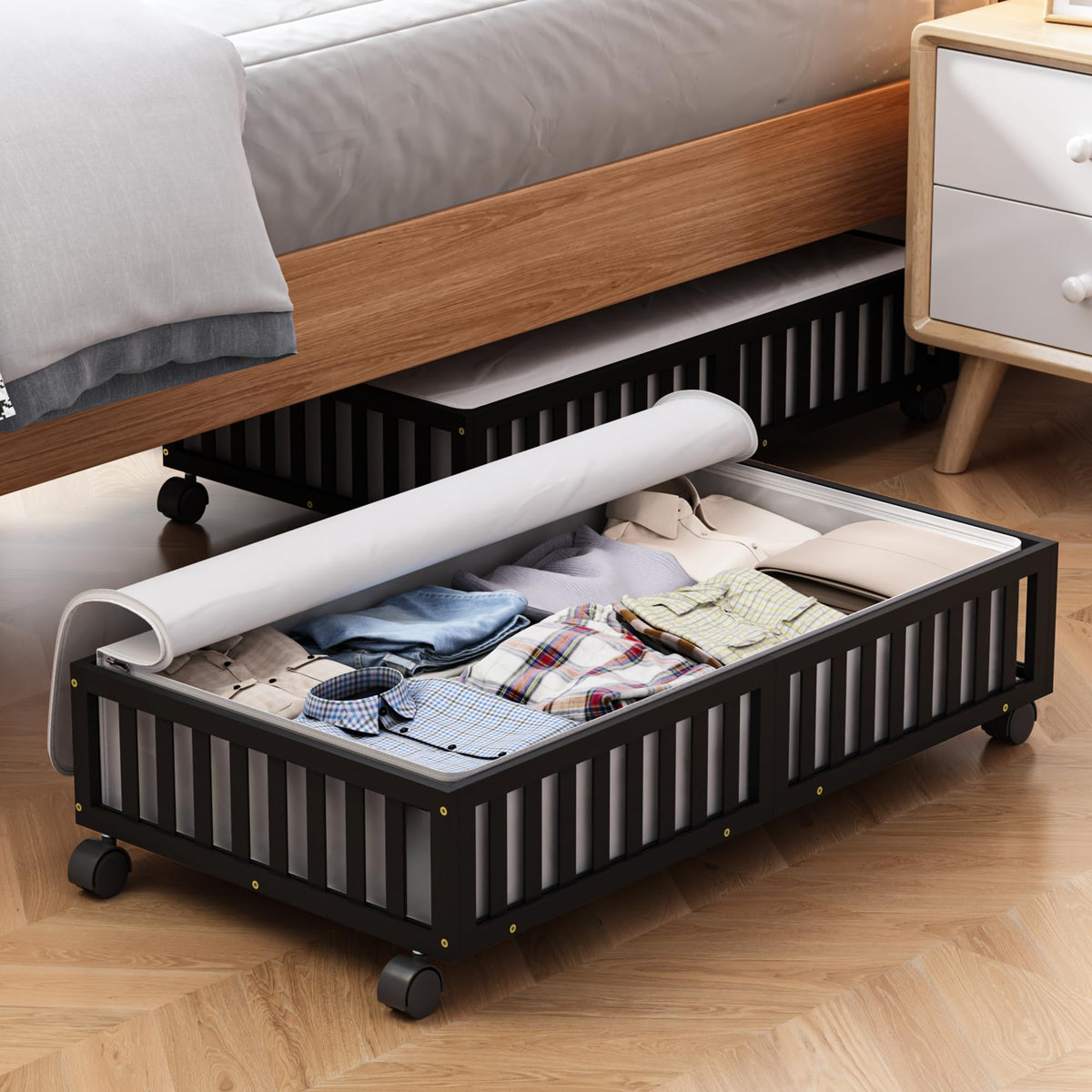 2 Pack Large Bamboo Under Bed Storage Containers with Wheels, Nature