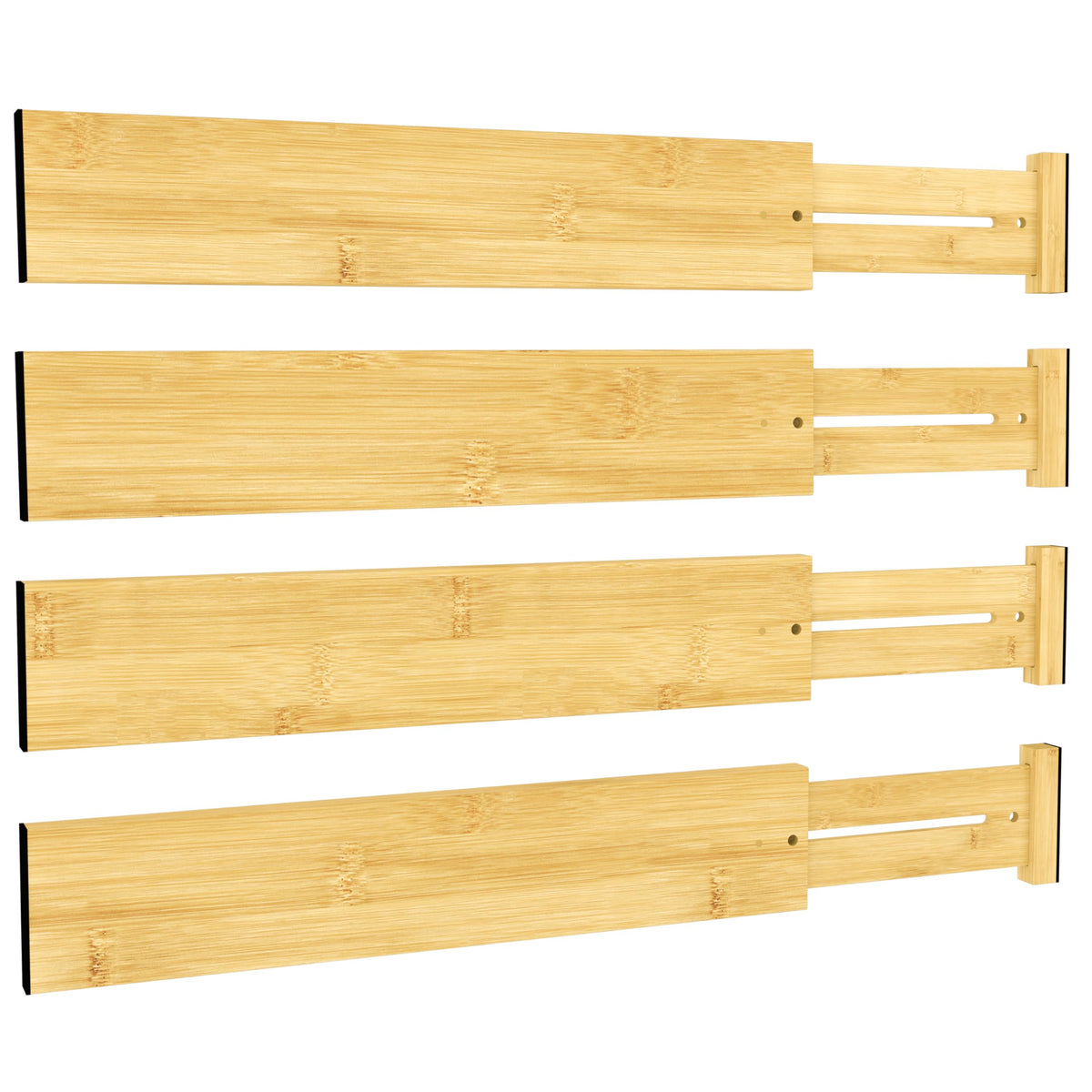 BAMEOS Bamboo Expandable Drawer Dividers – Fits 16.6"–22" Drawers, 2" High, Set of 4 | Spring-Loaded Bamboo Separator for Kitchen Island, Bathroom Vanity & Dresser Drawers