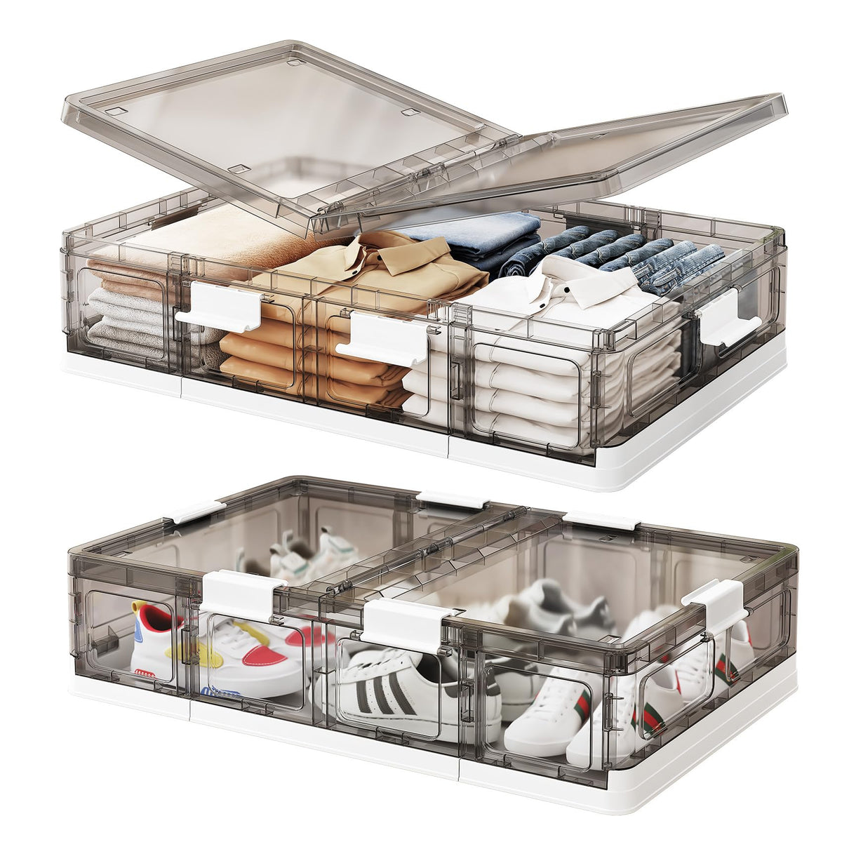Kitstorack Clear Plastic Under Bed Storage Containers Bins with Lids and 8 Pre-installed Wheels,37.8 Qt, Rolling Foldable Flat Under Bed Organizer Boxes for Clothes Shoes Clothing Bedroom