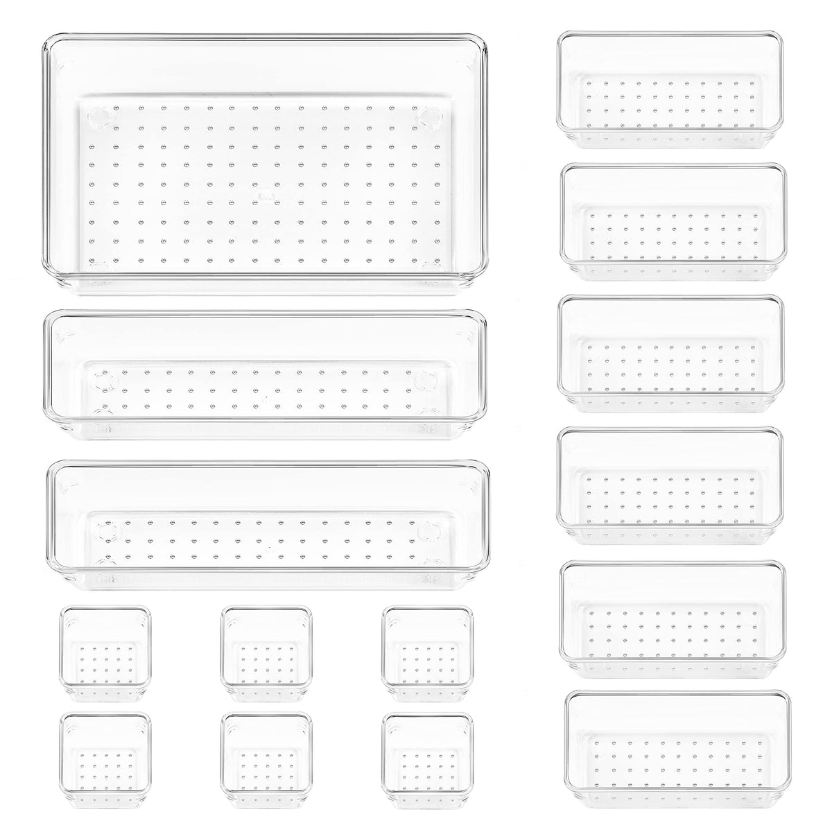 Vtopmart 25 PCS Clear Plastic Drawer Organizers Set, 4-Size Versatile Bathroom and Vanity Drawer Organizer Trays, Storage Bins for Makeup, Bedroom, Kitchen Gadgets Utensils and Office